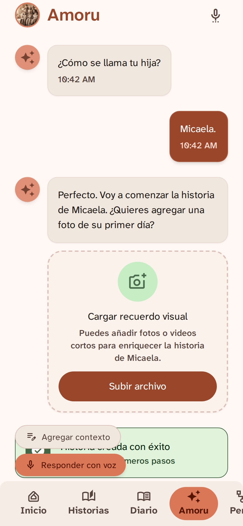Vista previa de diseño de Conversar con Amoru, función aún en desarrollo