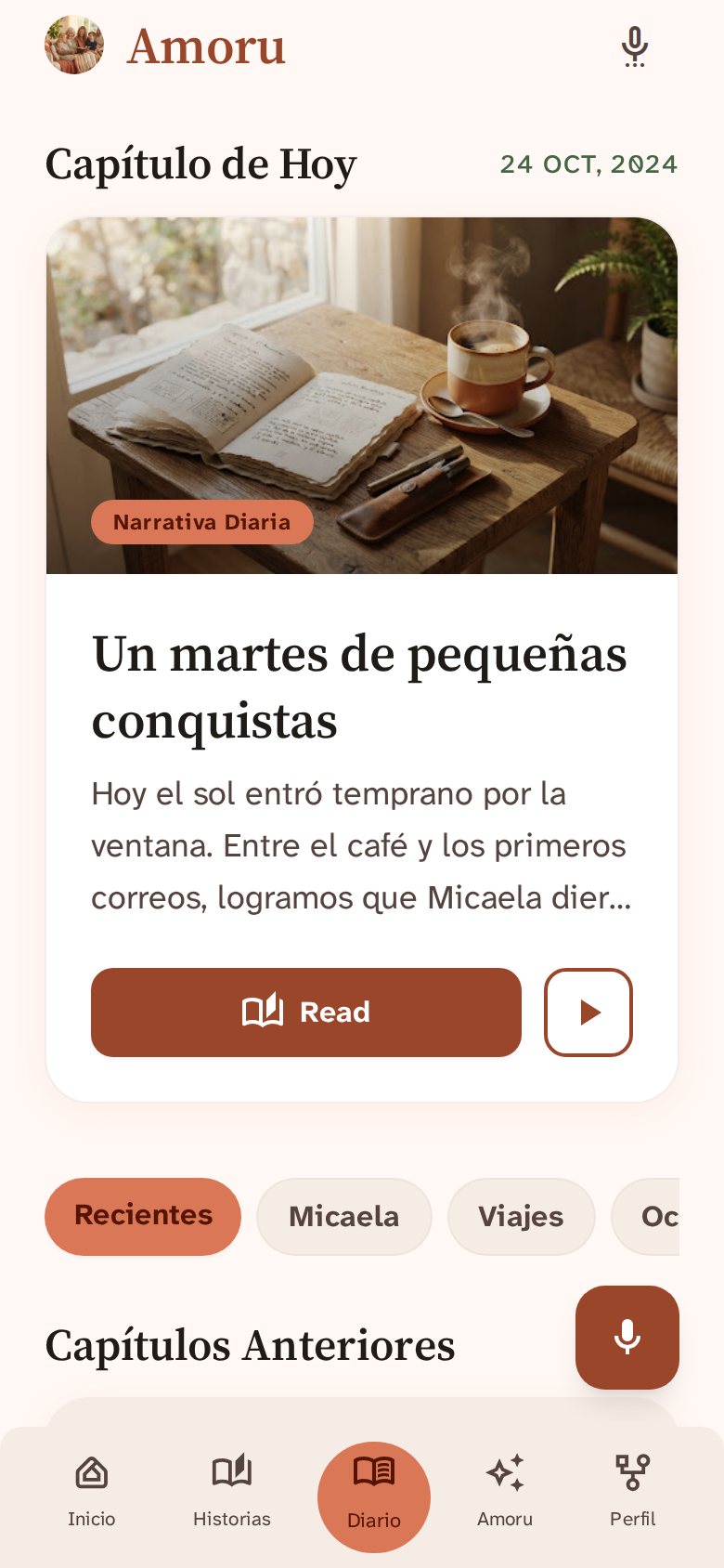 Diseño de Diario de Amoru con capítulos anteriores y narración diaria