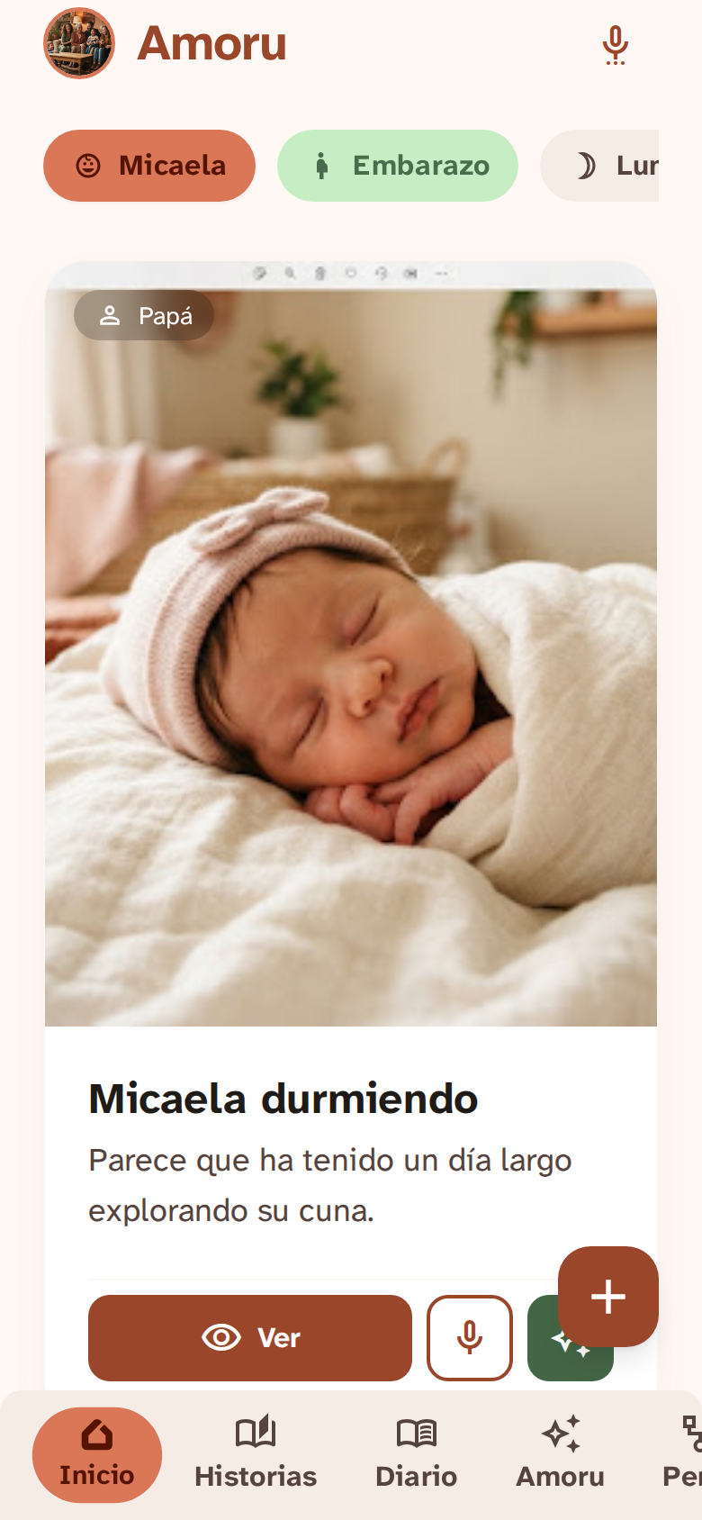 Inicio de Amoru mostrando un momento compartido por un familiar