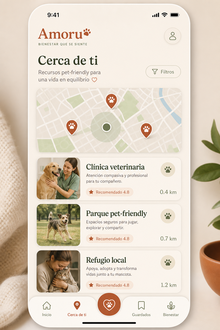 Concepto de recursos pet-friendly cercanos recomendados por la comunidad