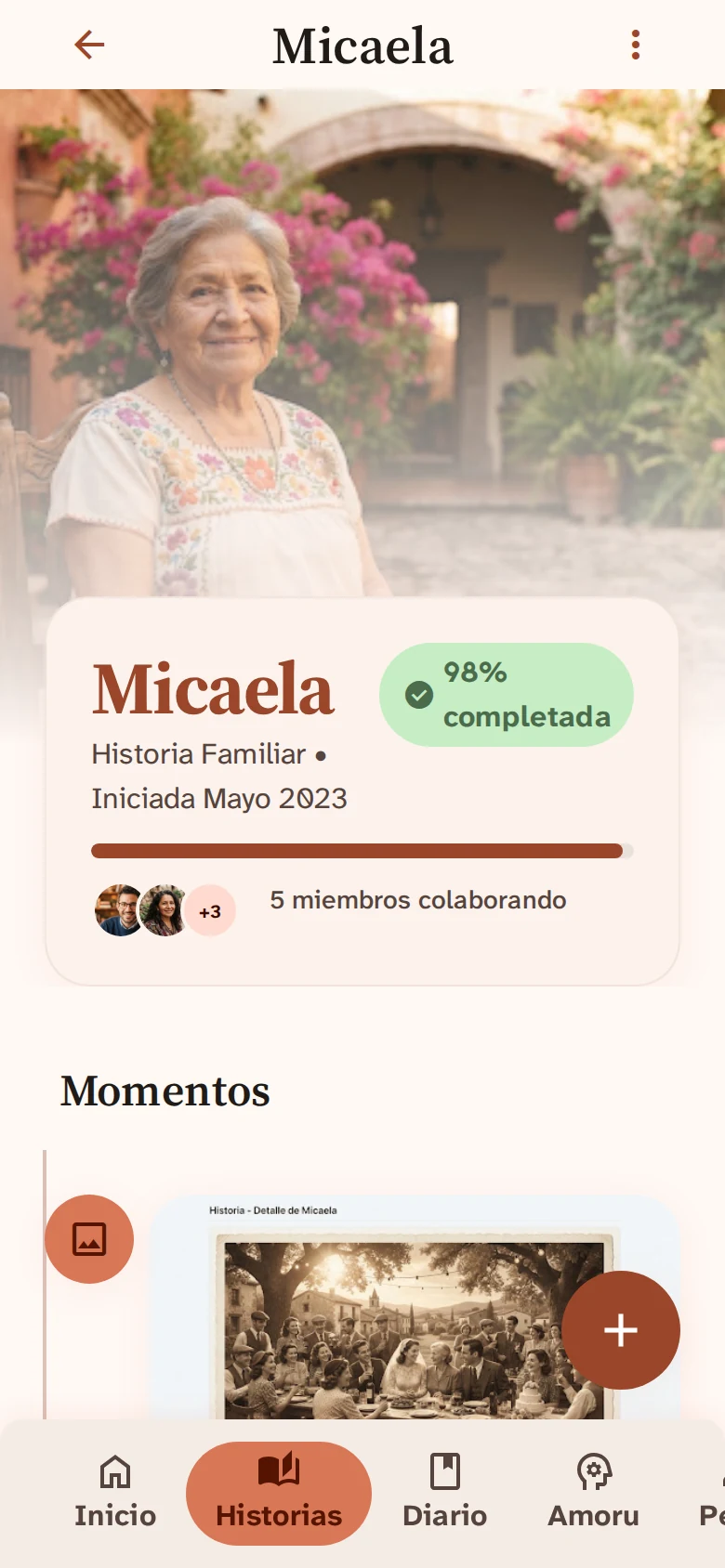 Detalle de una historia de Amoru con sus momentos ordenados